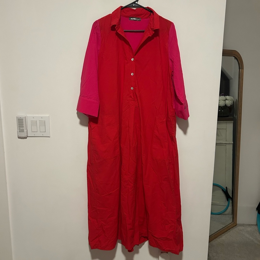 Red and Pink Colorblock Button-Up Dress